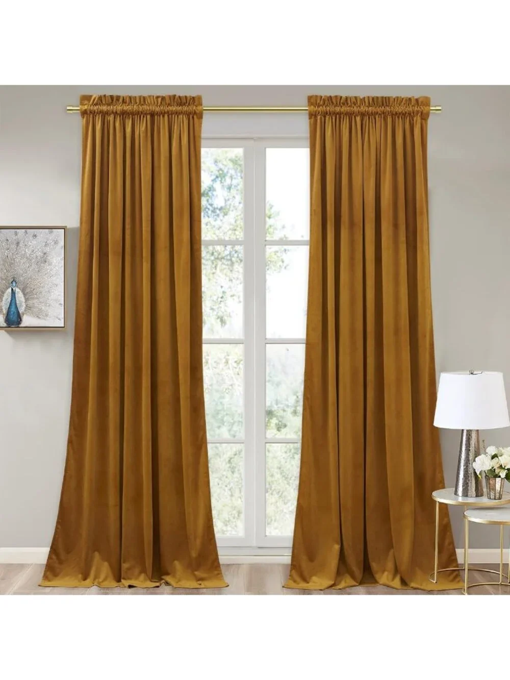 Luxurious Mustard Gold Velvet Room Darkening Curtains, 105” Long, 2 Panels